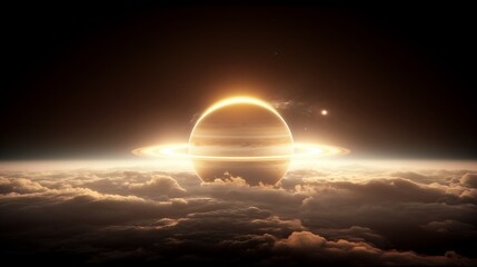 Wall Mural - ring planet over cloudy sky lit by backlight image. amazing planetary sunrise with cloudscape photog