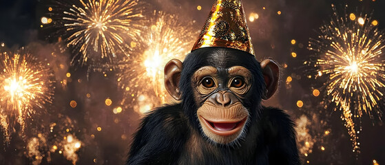 Wall Mural - happy new year, sylvester new year's eve party, funny animals banner greeting card - cute monkey chi