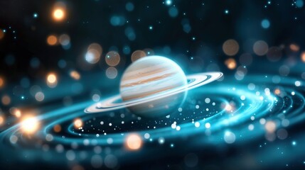 Wall Mural - fantastic planet with rings in outer space image. abstract saturn among bokeh lights in cosmos photo