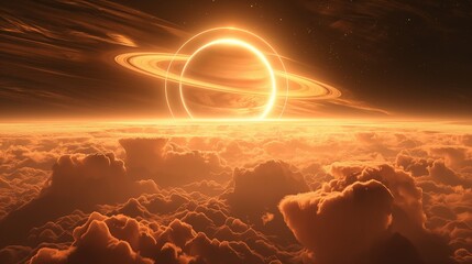 Wall Mural - shiny planet with rings and heavy clouds in space image. breathtaking cosmic composition photography