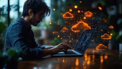 Focused programmer coding on laptop, cloud computing concept.