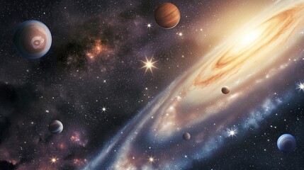 Wall Mural - spellbound outer space landscape with galaxy image. stars and planets cluster around glowing core ph
