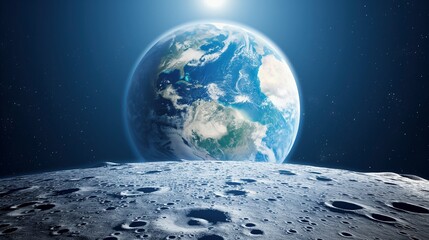 Wall Mural - illuminated earth globe view from moon image. lunar surface with craters against planet in dark spac