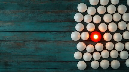 Wall Mural - An artistic arrangement of white spheres on a turquoise wooden background, with a striking red sphere illuminated at the center, creating a focal point.