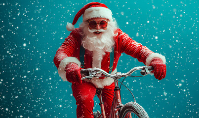 A cheerful Santa Claus cycles through a snowy landscape, spreading holiday joy