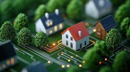 Leinwandbilder - A digital representation of smart homes connected by circuitry, surrounded by trees, showcasing the integration of technology and nature.