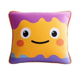 Playful character pillow with yellow and purple design image isolated transparent. Fun decorative cushion cut out photo png. Children room accessory cutout element object photography