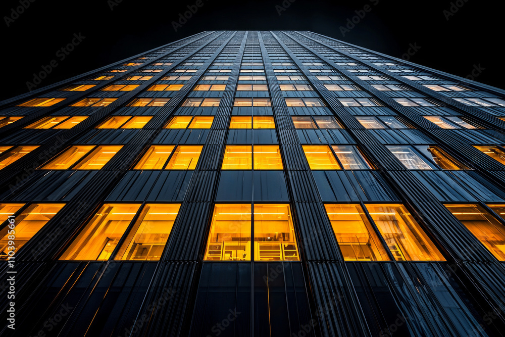 Looking up modern skyscraper striking glass facade illuminated windows ...