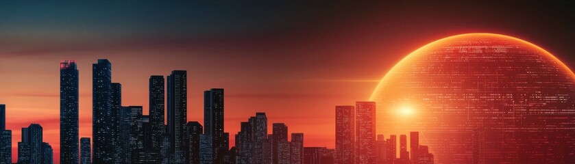 Leinwandbilder - A futuristic skyline silhouetted against a vibrant sunset, featuring a large sun casting an orange glow over the cityscape.