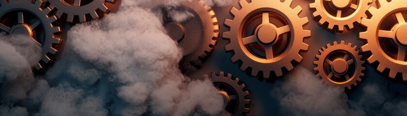 Poster - A close-up of copper gears against a backdrop of soft clouds, evoking a sense of steampunk aesthetics and mechanical beauty.