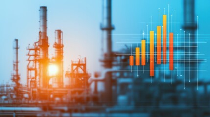 Aufkleber - A vibrant industrial scene featuring oil refineries and a graphical representation of growth metrics against a backdrop of blue hues.