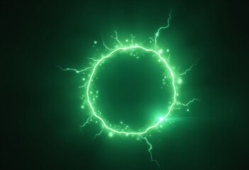 Poster - Green abstract plasma lightning ring with glowing particles swirling in dark sky fantasy concept art