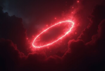 Poster - Red abstract plasma lightning ring with glowing particles swirling in dark sky fantasy concept art