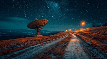 Satellite dish array stands illuminated starry night sky showcasing cosmic communication technology peaceful rural setting glowing streetlights.