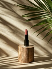 Wall Mural - Lipstick on top of 3 inches flattened wooden tree stump thin disc,palm leaves shadowed on background beige wall,luminous shadows, commercial photography,big empty space, minimalist,tabletop photogr...