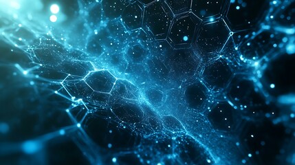 abstract blue science and technology background with hexagon patterns and light flares