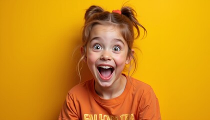 Excited girl with joyful expression against vibrant yellow background