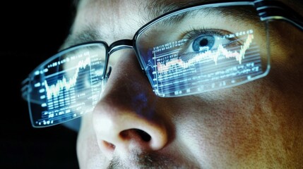 Wall Mural - Stock market trader working investment charts, graphs, ticker, diagrams projected on his face and reflecting in glasses.