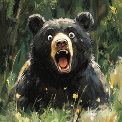 Wall Mural - Black bear pretended to be angry in front of children, children cute illustration