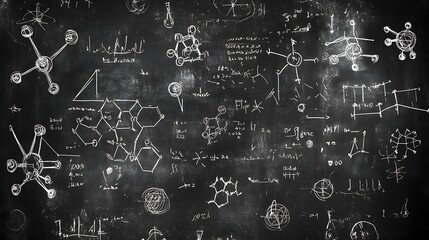 Wall Mural - Blackboard background with intricate chemistry and physics symbols, formulas, and molecular structures