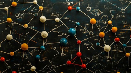 Wall Mural - Blackboard background with intricate chemistry and physics symbols, formulas, and molecular structures