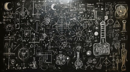 Wall Mural - Blackboard background with scientific images, physics formulas, and chemistry symbols in chalk