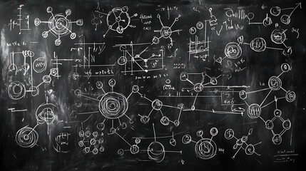 Wall Mural - Blackboard background with intricate chemistry and physics symbols, formulas, and molecular structures