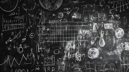 Wall Mural - Blackboard background with scientific images, physics formulas, and chemistry symbols in chalk