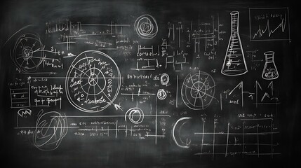 Wall Mural - Blackboard background with various scientific concepts, physics formulas, and chemical symbols drawn in chalk