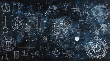 Wall Mural - Blackboard background with various scientific concepts, physics formulas, and chemical symbols drawn in chalk