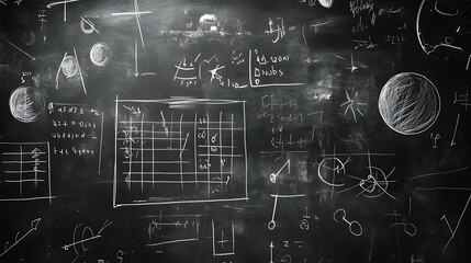 Wall Mural - Blackboard background with various scientific concepts, physics formulas, and chemical symbols drawn in chalk