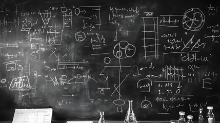 Wall Mural - Blackboard background with various scientific concepts, physics formulas, and chemical symbols drawn in chalk