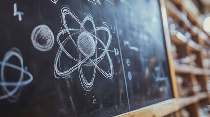 Wall Mural - Blackboard covered in chalk illustrations of physics equations, chemistry formulas, and atomic models