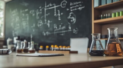 Wall Mural - Blackboard filled with scientific equations, physics formulas, and chemistry diagrams in white chalk