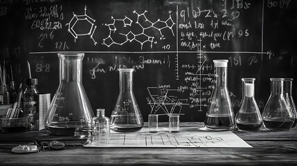 Wall Mural - Blackboard filled with scientific formulas, including physics equations and chemical structures