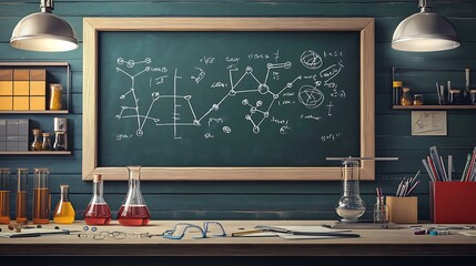 blackboard with an array of physics formulas, chemical structures, and scientific symbols in chalk