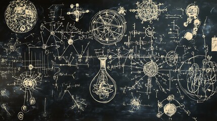Wall Mural - Blackboard with chalk drawings of physics symbols, chemistry structures, and mathematical equations