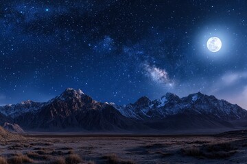 Wall Mural - Panorama view of Night sky and moon, stars,Ramadan Kareem celebration.Serenity mountain background, outdoor. 
