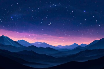 Wall Mural - Panorama view of Night sky and moon, stars,Ramadan Kareem celebration.Serenity mountain background, outdoor. 
