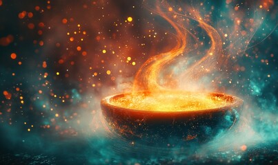 Wall Mural - Mystical Glowing Bowl with Enchanting Flames and Sparks