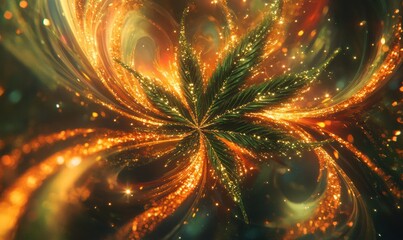 Wall Mural - Glowing Abstract Leaf with Golden Sparks and Swirls