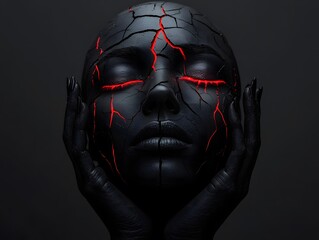 Poster - Artistic Representation of a Cracked Black Sculpture with Red Accents, Highlighting Emotional Depth and Human Connection in a Dramatic and Thought-Provoking Style