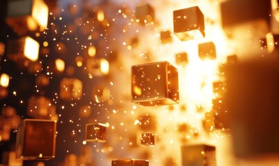Wall Mural - Glowing Golden Cubes in Motion Abstract Background