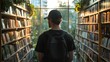 © CYBERPINK - young man standing in front of a large bookshelf in a library. He is wearing a black t-shirt and a black baseball cap. He has a backpack on his back and is looking out at the books on the shelves.