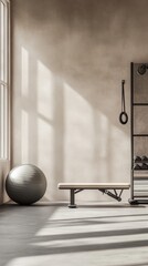 Poster - Modern home gym bathed in sunlight, showcasing an exercise ball, weight bench, gymnastic rings, and a weight rack reflecting in a mirror, creating a serene and inviting workout space