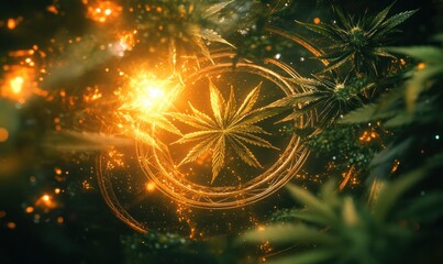 Wall Mural - Glowing Cannabis Plant Surrounded by Magical Light