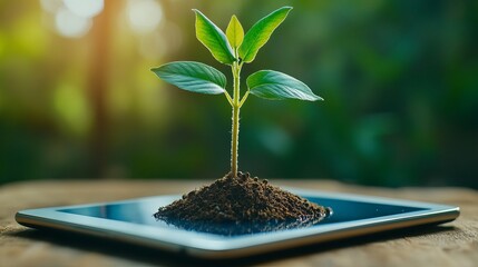 Wall Mural - A green sapling emerges from dark soil placed on a tablet, symbolizing the fusion of nature and technology in a vibrant environment.