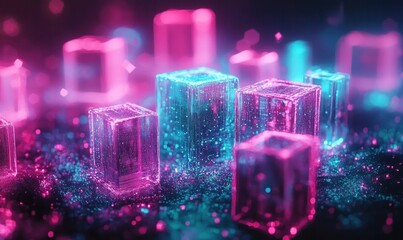 Wall Mural - Vibrant Neon Cubes and Particles in Abstract Digital Art