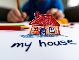 Wall Mural - A child drawing a house with colored pencils on a piece of paper