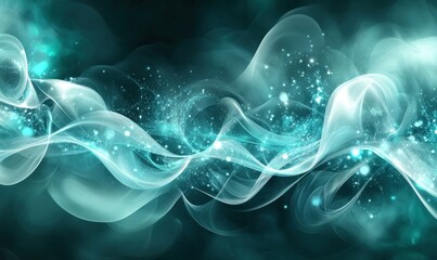 Wall Mural - Abstract Flowing Waves with Glowing Particles in Teal Hue